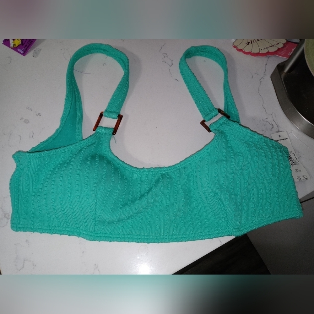 No Boundaries Aqua Green Ribbed Bandau Bathing Suit Top With Removable Pads LG